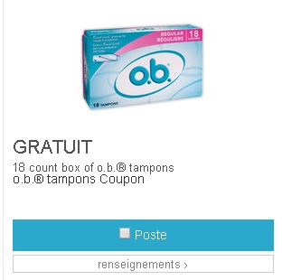 coupon rabais pour un produit o.b GRATUIT !